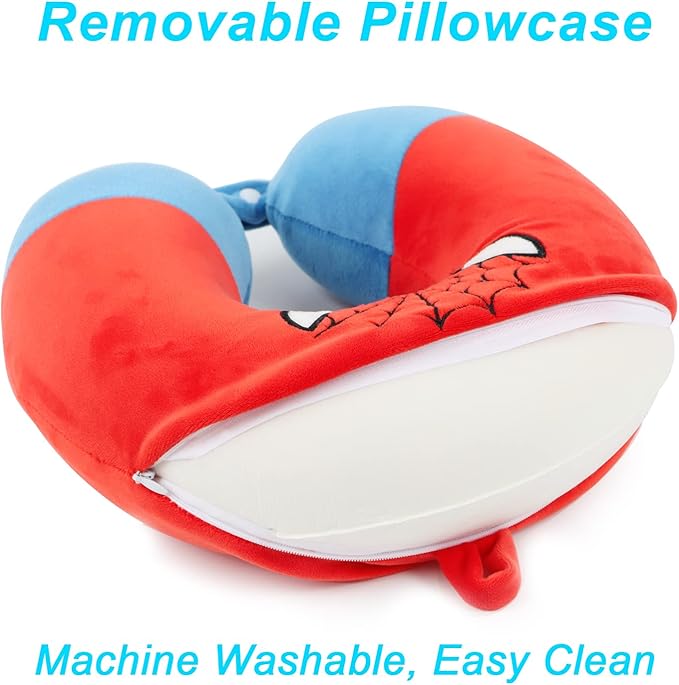 Superhero Travel Pillow for Kids & Adults with Sleep Eye Mask, Memory Foam U-Shaped Neck Pillow with Washable Cover, Soft Head Support Travel Accessories for Airplane Car Train Bus Recline, Red