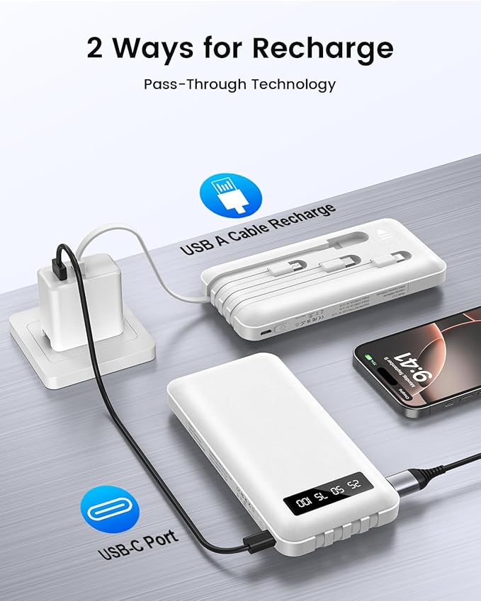 Portable Charger Power Bank with 4 Built in Cables,38800mAh 22.5W External Battery Pack, USB C Fast Charging, Travel Phone Charger for iPhone 17/16/15 Samsung Android iPad(White,38800mAh)