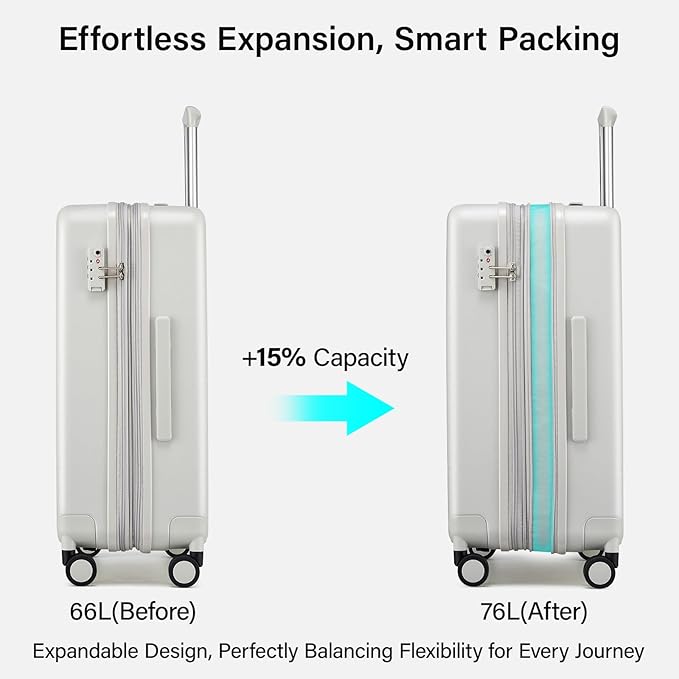 Hanke Expandable 24 Inch Luggage with Spinner Wheels, Hardside Medium Checked luggage, All-PC Hard Shell Suitcase, TSA Lock, Lightweight Checked-Medium (Smoke White, 76L)