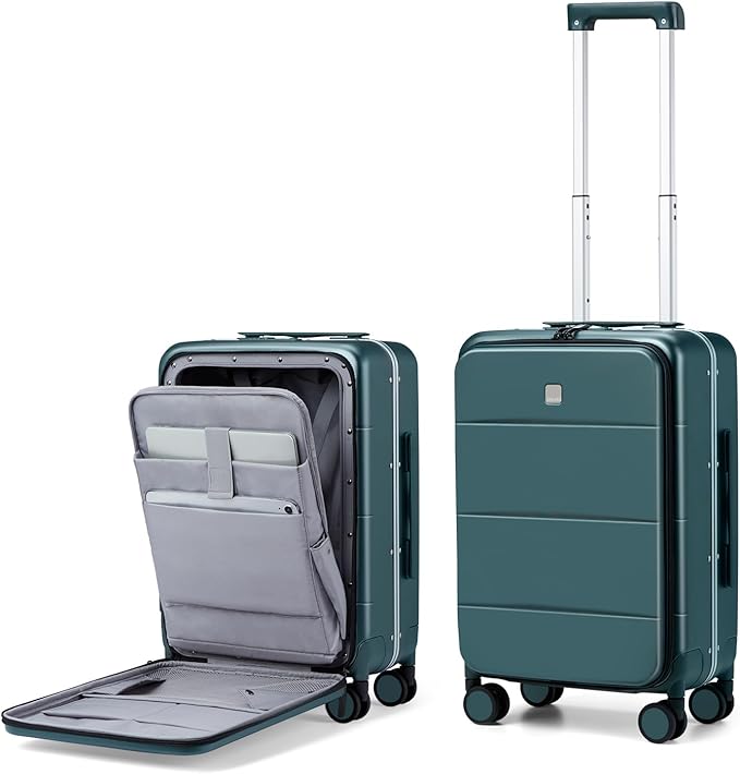 MILADA Carry On Luggage 22x14x9 Airline Approved Spinner Wheels TSA Luggage 20 Inch Hard Shell Suitcases Front Opening Pocket Rolling Aluminum Frame Travel Luggage, Blackish Green
