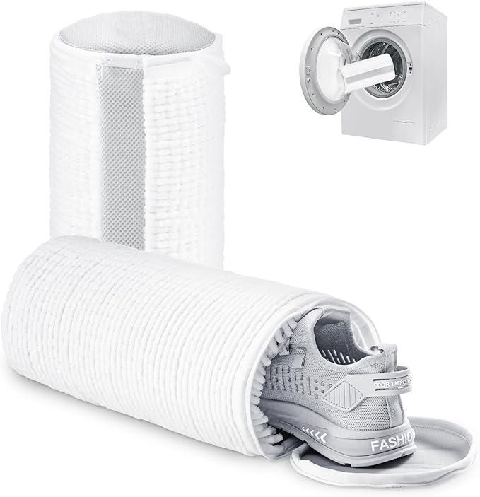 2PCS Reusable Shoe Wash Bags, White, Zipper Closure, Basic Style, 6.3" Diameter x 13" Length, Fits Most Shoe Sizes, Tearproof, Foldable, Expandable, Water Resistant