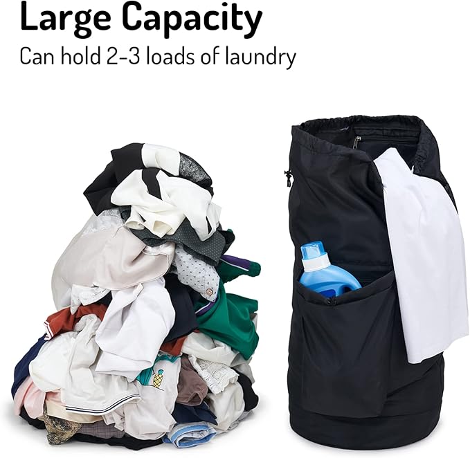 Laundry Backpack Bag, Dirty Clothes Travel Laundry Bag with Shoulder Straps for College Dorm Room (Black)