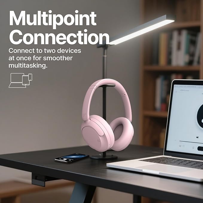 VOKALEN Hyper GO Wireless Over-Ear Noise Cancelling Headphones with Mic, 60H Playtime, Bluetooth Headset, Hi Res Audio, Deep360 Spatial Audio, Ultra-Lightweight for Travel, Work, Study (Pink)