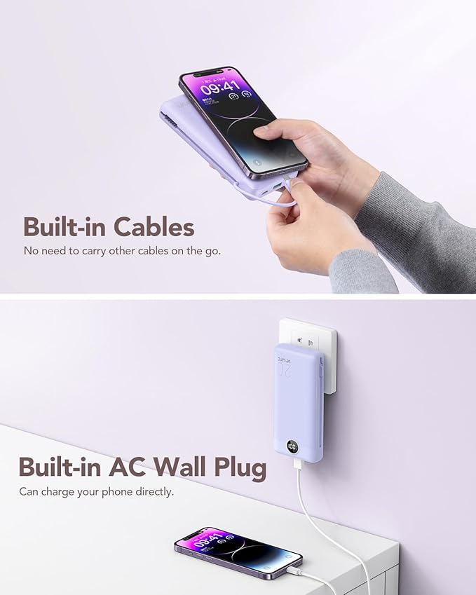 VRURC Portable Charger 20000mAh, Fast Charging Power Bank USB C,4 Output 2 Input Travel Essentials Charging Bank Equipped with LED Display,Built-in Wall Plug and Cables,Phone Charger Battery,Purple