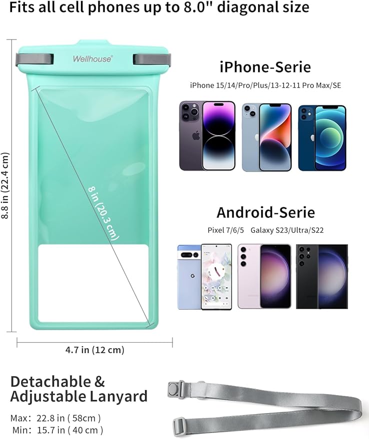 wellhouse Waterproof Phone Pouch, Waterproof Phone Case for iPhone 16 15 14 13 12 Pro Max XS Samsung, IPX8 3D Cellphone Dry Bag Beach Essentials (1 Pack - Crystal Green8.0, 8 inch)