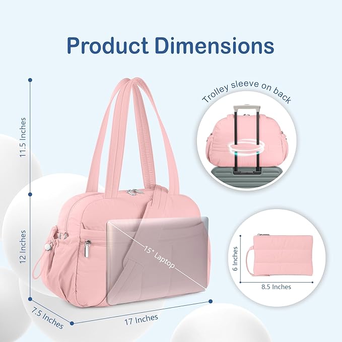 TOPDesign Travel Duffel Bag for Women, Puffer Gym Bag Sports Tote with Wet Pocket, Carry On Weekender with Luggage Sleeve (Baby Pink)