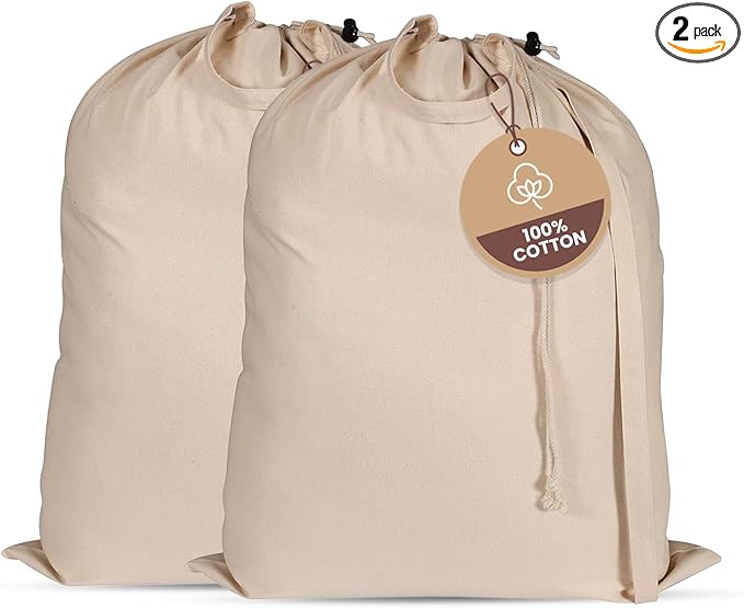 LFH Home Large Premium 100% Cotton Canvas Laundry Bag with Drawstring and Handles Heavy Duty, Multi-Use, and Washable for Home, Travel, College or Storage 28x36 (Pack of 2)-Natural