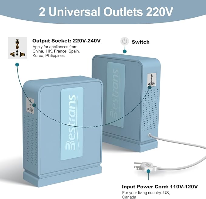1000W Step Up Transformer 110v to 220v Converter, Heavy Duty Voltage Converter 110v to 220v with Dual Outlets, Overload Protection & Ultra-Quiet Design for Home Appliances, Light Blue
