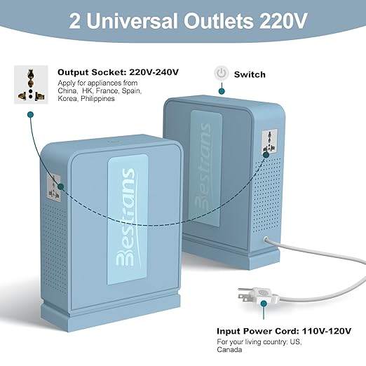 2000W Step Up Transformer 110v to 220v Converter, Heavy Duty Voltage Converter 110v to 220v with Dual Outlets, Overload Protection & Ultra-Quiet Design for Home Appliances, Light Blue