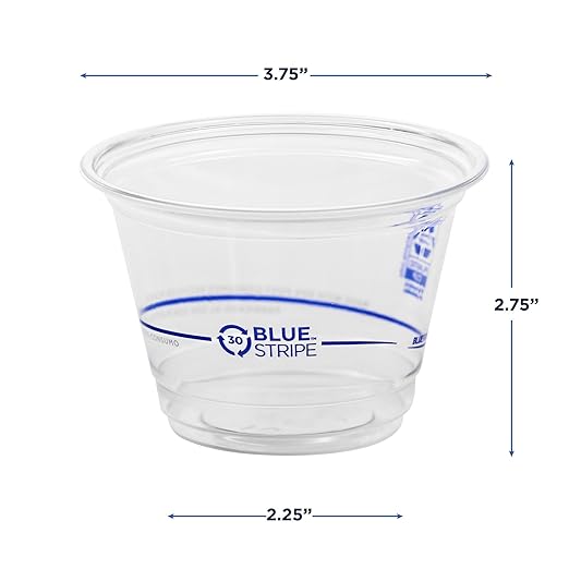 Eco-Products BlueStripe Recycled 9oz Plastic Cups, Case of 1000, Made from 30% Post-Consumer Recycled Plastic Bottles, Recycled PET (rPET) For Cold Drinks & Snacks, Clear For Visibility