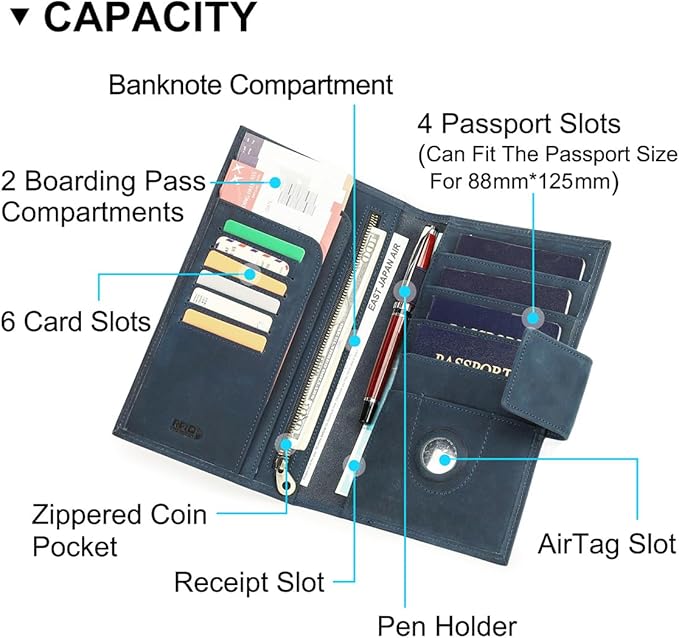 CONTACTS Full Grain Leather Family Passport Holder for 4 Airtag Passport Wallet RFID Blocking Travel Passport Cover with 4 Passport Slot, 6 Card Slot (Blue)