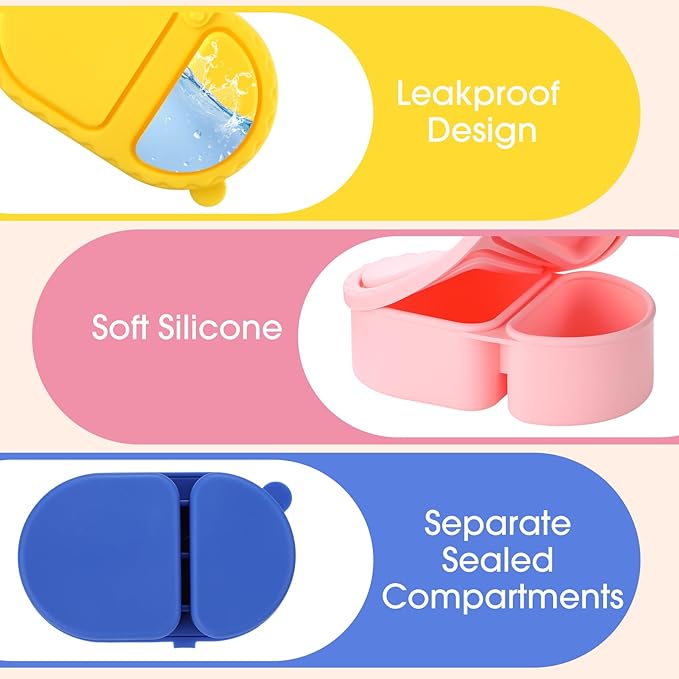 Yiyiring 5 Pcs Reusable Silicone Snack Containers with Lids 2 Compartment Leakproof Food Storage Containers 8 oz Small Portable Bento Boxes for School Office Picnic Travel Daycare