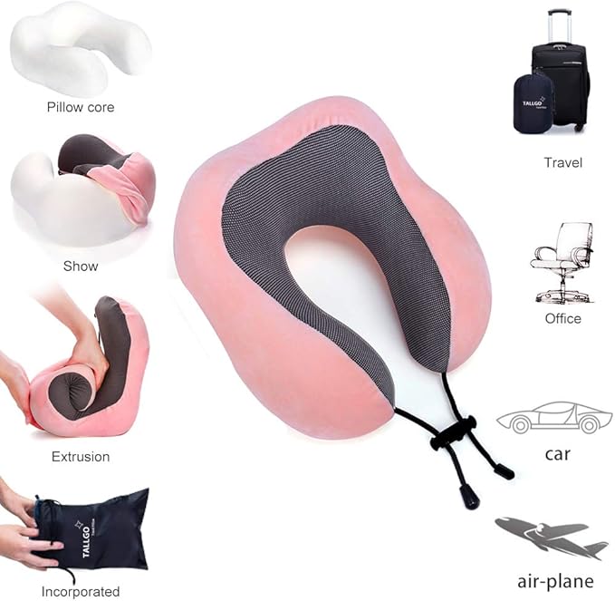 TALLGO Travel Pillow, Best Memory Foam Neck Pillow Head Support Soft Pillow for Sleeping Rest, Airplane Car & Home Use (Pink)