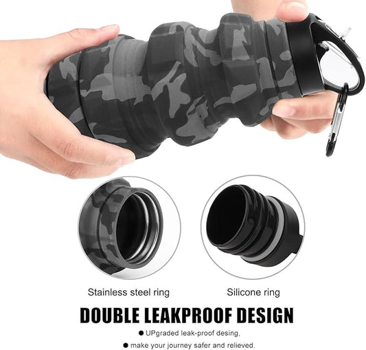 QiCheng&LYS Collapsible Water Bottle Sports Bottle 19.5OZ/580ml Travel Water Bottle for Men Women kids. BPA Free Food Grade Silicone. (Dark gray camouflage cup)