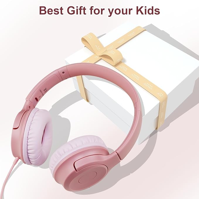 Kids Wired Headphones with Microphone, 85/94dB Safe Volume Limiter,Foldable,3.5mm Jack Over-Ear Cord Headset for Online Study/Travel, Compatible with Tablet,iPad,PC&More,Pink