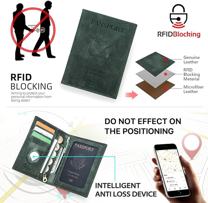 CONTACTS Full Grain Leather Airtag Passport Holder RFID Blocking Travel Passport Wallet Slim Passport Cover Case with 4 Card Slots, Coin Pocket (Badge, Green)
