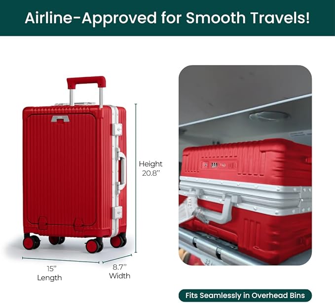 Nobl Travel Carry On Luggage, Noble Zipperless Aluminum Frame PC Hard Shell Suitcase, 20.8"x15"x8.7" Airline Approved, 360° Spinner Wheels, TSA Locks, USB Charging Port & Phone Holder - Cherry Red