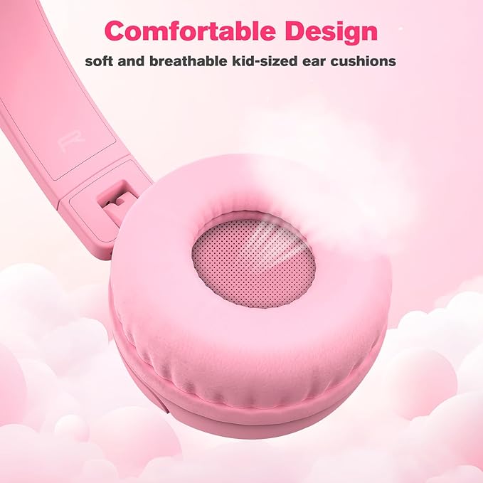 K6 Kids Headphones, 85/94dB Volume Limit Wired Headphones for Kids,3.5mm Jack Foldable Stereo Sound Toddler Headset with Mic, On-Ear Headphone for Smartphones/iPad/Tablet/Plane/Travel (Pink)