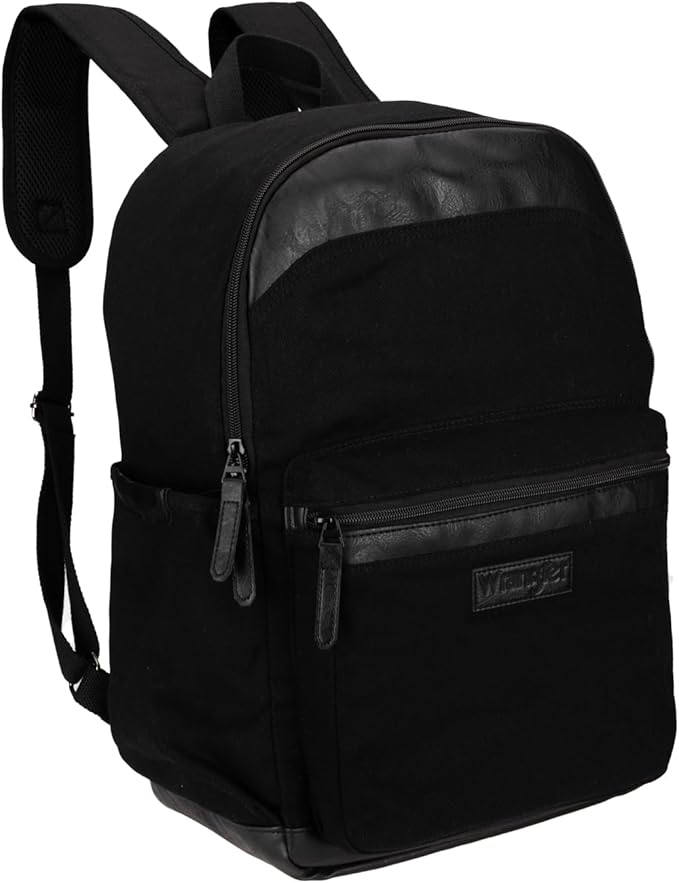 Wrangler Powell Backpack for Travel Classic Logo Water Resistant Casual Daypack for Travel with Padded Laptop Notebook Sleeve (Black)