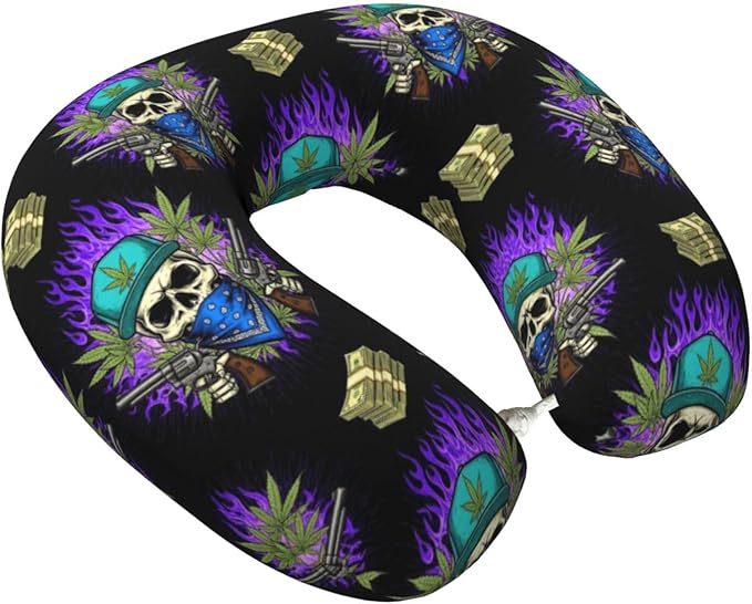 Travel Pillow Chin Neck Support, Comfortable Airplane Car Pillows for Rest, Memory Foam U Shaped Office Home Nap Sleeping Cushion Purple Fire Weedleaf Dollars Skull Skeleton