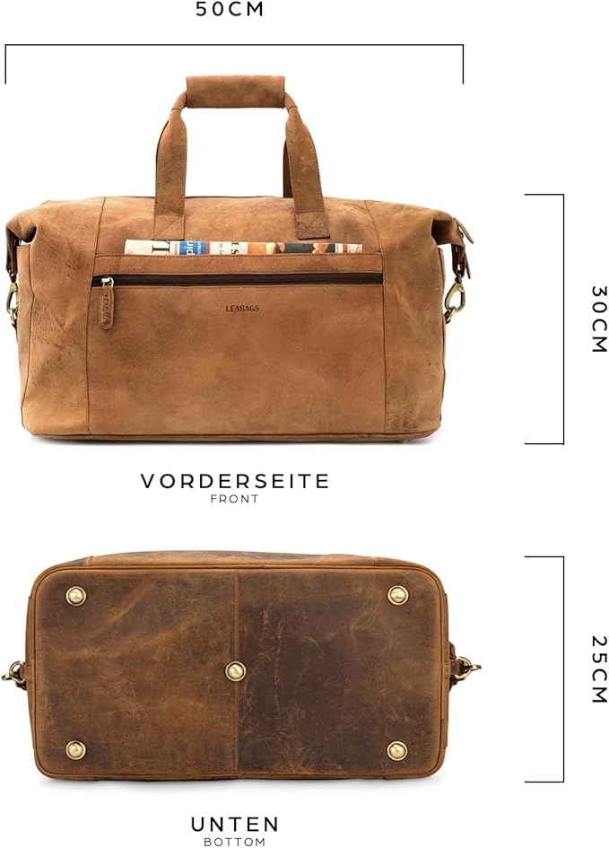 Leabags Leather Weekender | Genuine Leather Premium Travel Bag | 41L Sports Duffle Gym Training Airplane Bag | Large | Natural Light Brown | for Women & Men