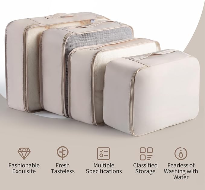 Packing Cubes Storage Bags 9 Pieces-Luggage Organizers Classify Store Clothing Efficiently for Travel Outdoor Home (Beige, 9 Pieces)