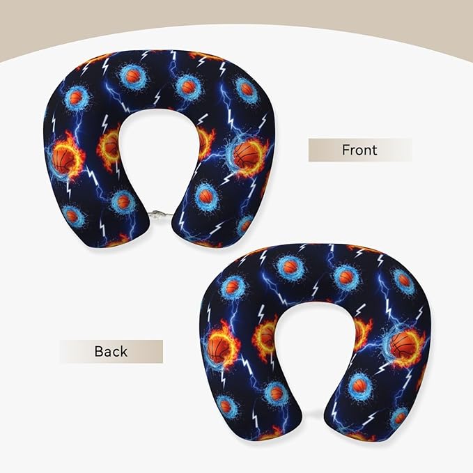 Travel Pillow for Men Women, Washable Relax U Shaped Neck Pillows for Car Head Pain Relief Sleeping Water Fire Flame Basketball Print Black