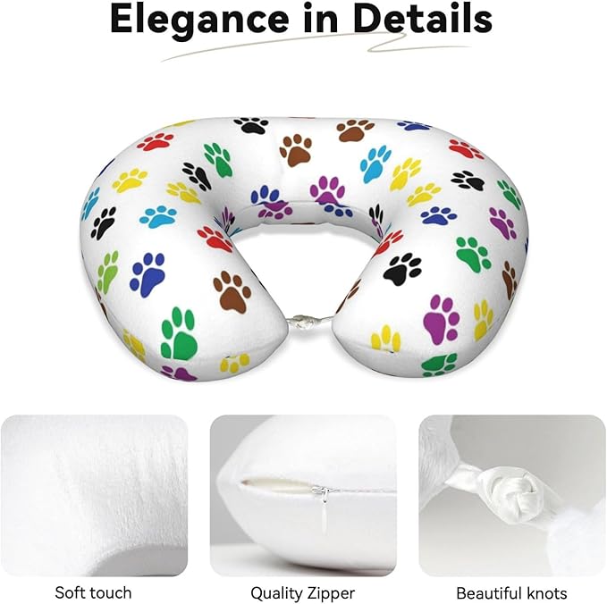 Comfortable Travel Pillow for Pain Relief Sleeping, Memory Foam Airplane Car Neck Pain Pillows Colorful Paw Prints, Funny Chin Head Support Cushion