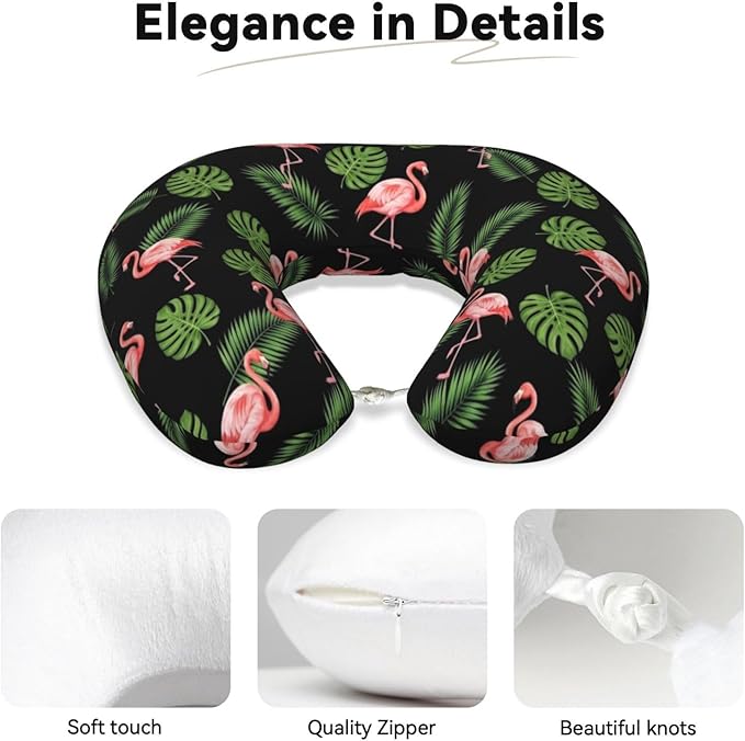 Memory Foam Airplane Pillow Pink Flamingo Tropical Palm Banana Leaves for Car Chin Head Neck Supporting, U Shape Pillows Travel Cushion for Office, Nap Sleeping