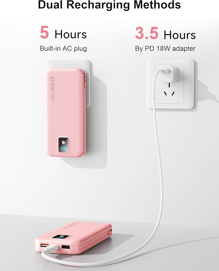 Portable Charger, 12000mAh 22.5W Fast Charging Power Bank with Built-in Cables & Wall Plug, Travel Essential Battery Pack with LED Display, USB C Battery Phone Charger for iPhone, iPad, Samsung Pink