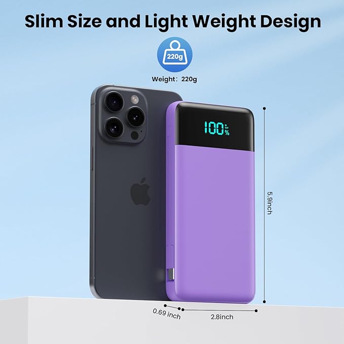 Portable Charger for iPhone with Built in Cables and Wall Plug,Upgraded 13800mAh Fast Charging USB C Power Bank,4 Outputs Travel Essential Battery Pack Compatible with iPhone 15/14/13,Samsung-Purple