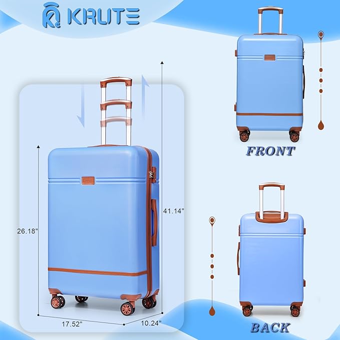 Krute Checked Luggage 24 inch Suitcases with Wheels TSA Approved PC+ABS Lightweight Hard Side Suitcase (LightBlue)