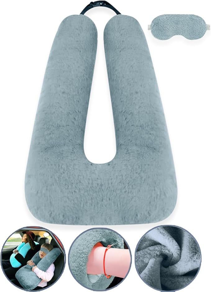 Sexysamba Travel Pillow with Sleep Mask Set Car Pillow Kids Travel Pillow for Sleeping U Shaped Car Seat Pillow Head Neck Body Support for Kids and Adults Road Trip Accessories,Grey