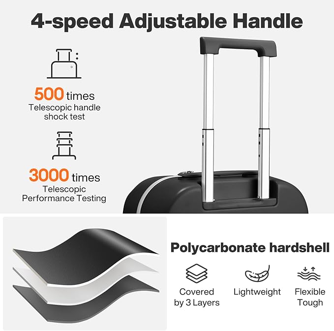 mixi 20 Inch Carry On Luggage 22x14x9 Airline Approved PC Hard Shell Suitcase Top Opening Aluminum Frame Travel Suitcases with Wheels, Blcak