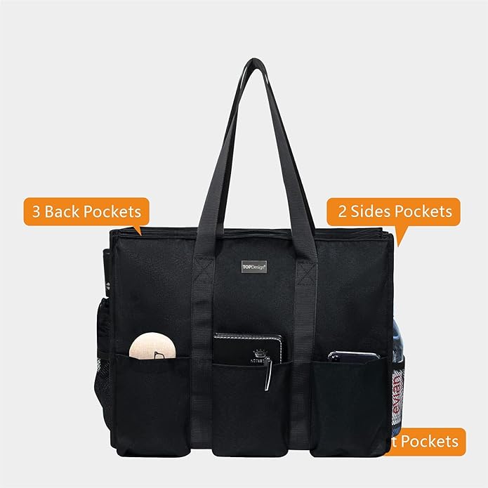 TOPDesign Utility Water Resistant Tote Bag with 13 Pockets, Top Zipper Closure & Thick Bottom Support, for Working Women