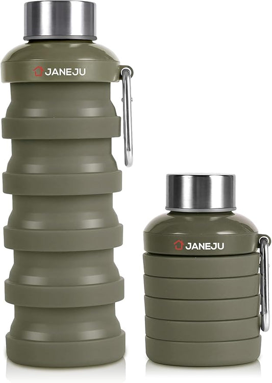 JaneJu Collapsible Water Bottle, 17oz BPA Free Silicone Reusable Portable Lightweight Foldable Water Bottles with Carabiner, Portable Leak Proof Sports Water Bottle (Army Green)