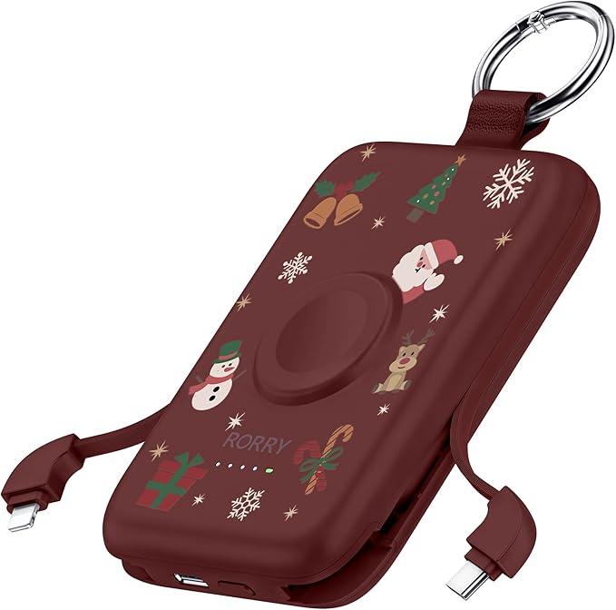 RORRY Portable Charger, 10000mAh PD 20W Fast Charging Portable Charger Power Bank with Built in Cables, Travel Battery Pack for iPhone 17/16/15/14/13/12 and Apple Watch, Christmas Red