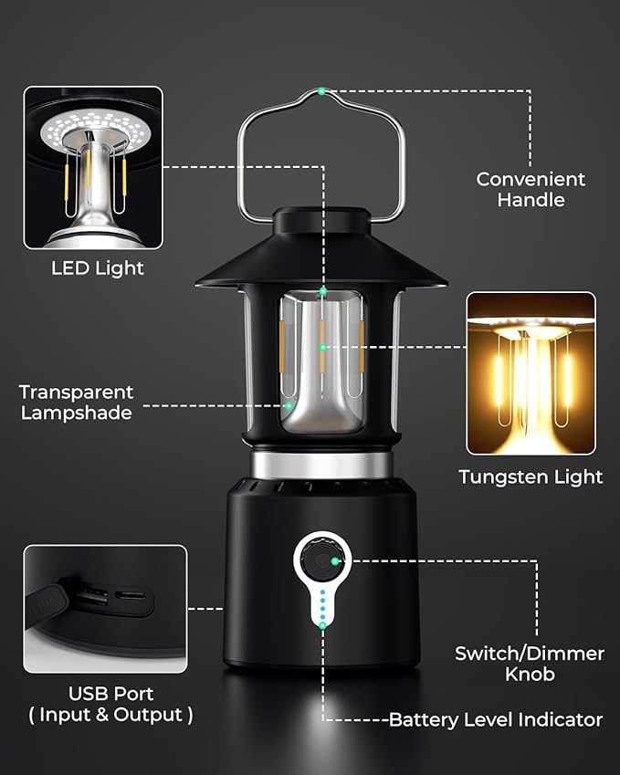Camping Lantern Rechargeable, Telescopic Camping Light, Waterproof Retro Emergency Lights, Electric Lanterns for Power Outages, Vintage Hurricane Lamp for Tent Outdoor Patio RV Fishing