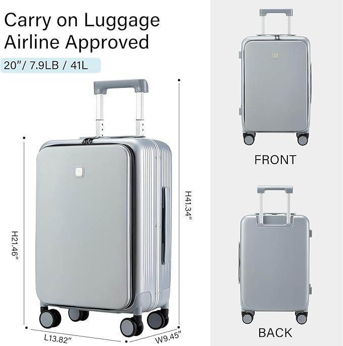 Hanke Grace Hard Shell Suitcases with Wheels,20 Inch Carry On Luggage Airline Approved with Aluminum Frame, Travel suitcase with Front Pocket Travel Luggage for Short Business Trips, Grey.