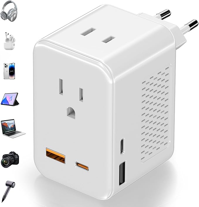 220V to 110V Voltage Converter US to Europe Travel, Adapter Plug Converter for European Travel with 20W PD & 2 USB-A & 2 USB-C Port, European Power Converter Combo USA to Spain Italy France (White)