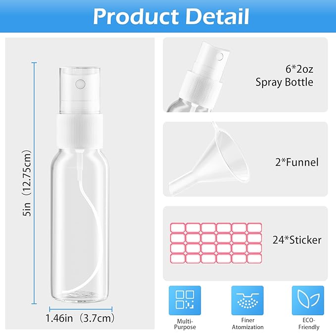Spray Bottles, 2.7oz/80ml Clear Empty Fine Mist Plastic Mini Travel Bottle Set, Small Refillable Liquid Containers with 2pcs Funnels and 24pcs Labels (6 Pack)
