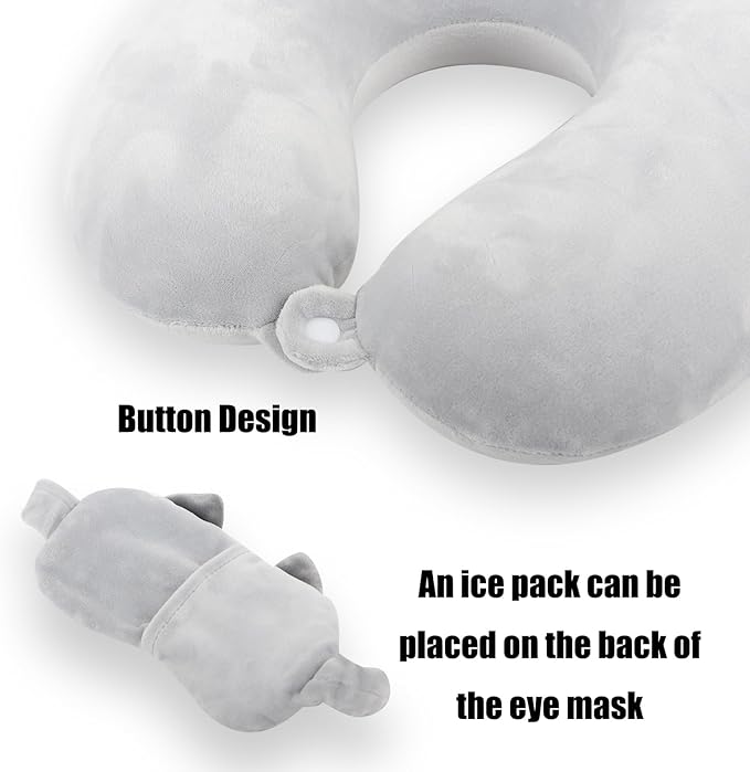 Kids Neck Pillow for Travel with Sleep Eye Mask, Cute Travel Neck Pillow, Memory Foam Flight Sleeping Headrest Pillow for Boys & Girls, Airplane, Train, Car, Home Use - Grey Cat