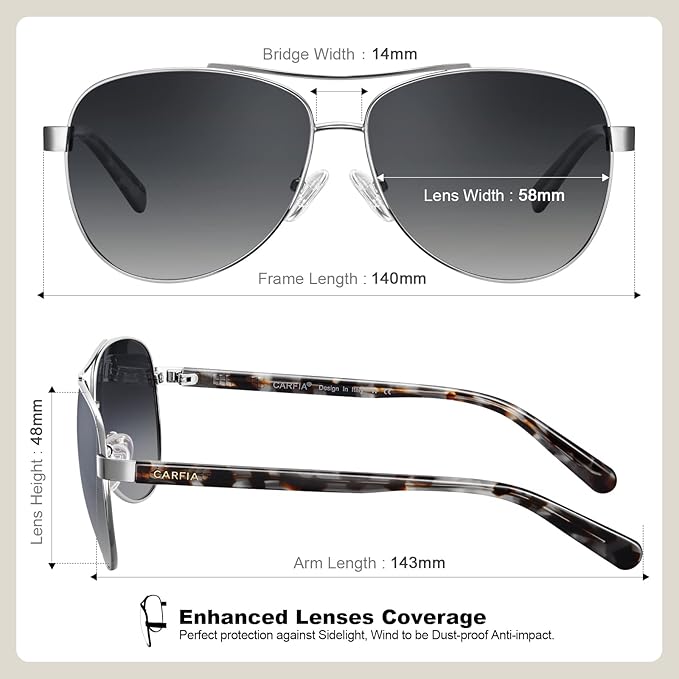 CARFIA Polarized Sunglasses for Women UV Protection Acetate Arms Metal Frame Woman's Shades CA3216