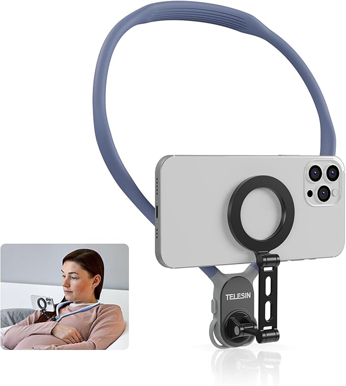 BRDRC Neck Phone Holder Mount, POV/Vlog Magnetic Selfie Tripod for Magsafe iPhone 15 14 13 12 Pro Max Mini Plus Seires, Hand Free Chest Strap Video Recording for Android Galaxy Aceessories(Navy Blue)