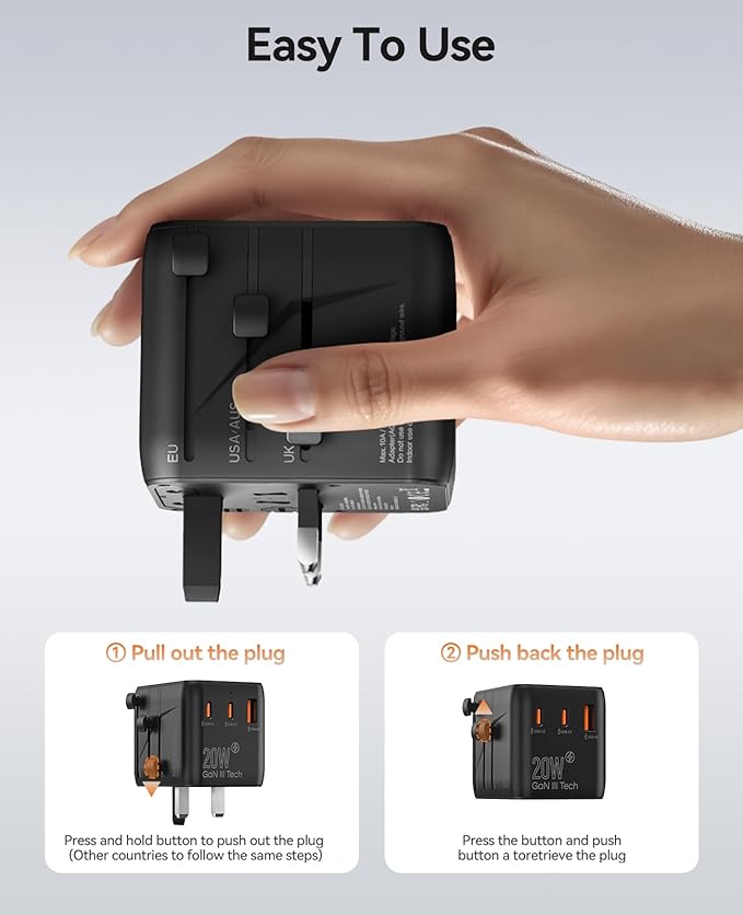 ORICO Universal Travel Adapter with 2 AC 2 USB-C and 1 USB-A Socket, PD 20W International Power Adapter, Worldwide Travel Essentials Wall Charger for USA EU UK AUS JP and Over 200 Countries