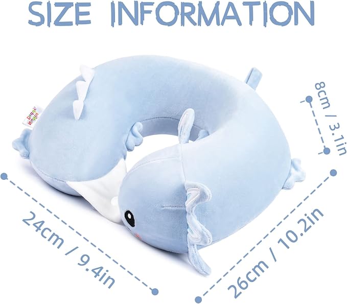 Niuniu Daddy Blue Axolotl Kids Travel Pillow Road Trip Essentials for 3-8 Y/O, Soft Memory Foam Kids Neck Pillow for Airplane Car Travel Portable Cervical Pillow with Boys Girls for Long Trip