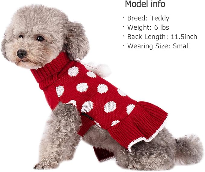 KYEESE Dog Sweaters for Girl Small Dogs with Leash Hole Turtleneck Red Dog Sweater Dress Polka Dot Knit Pullover Warm Pet Sweater