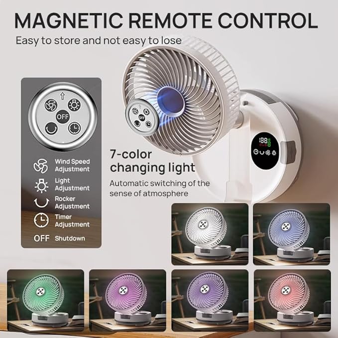 8 inch Portable Fan-Battery Operated Fan, Oscillating Rechargeable Fan with 20000mAh, Remote Control LED Lights, 72HR Run Time, Outdoor Portable Foldable Fan for Camping＆travel (White
