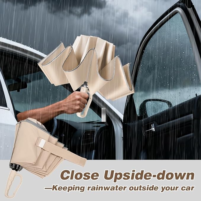 TOPSAIL 10 Ribs Inverted Umbrella with Carabiner Handle, Large Sturdy Folding Umbrellas Windproof for Rain & Sun, 49" Big Reverse Foldadble Umbrella for Travel Portable with Safe Reflective Strip, for Women Men