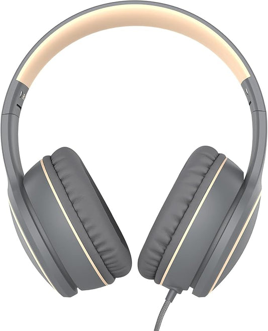 RORSOU R10 Over-Ear Headphones with Microphone, Lightweight Folding Stereo Bass Headset with 1.5M No-Tangle Cord, Portable Wired Headphones for Smartphone Tablet Computer MP3 / 4 (Grey)